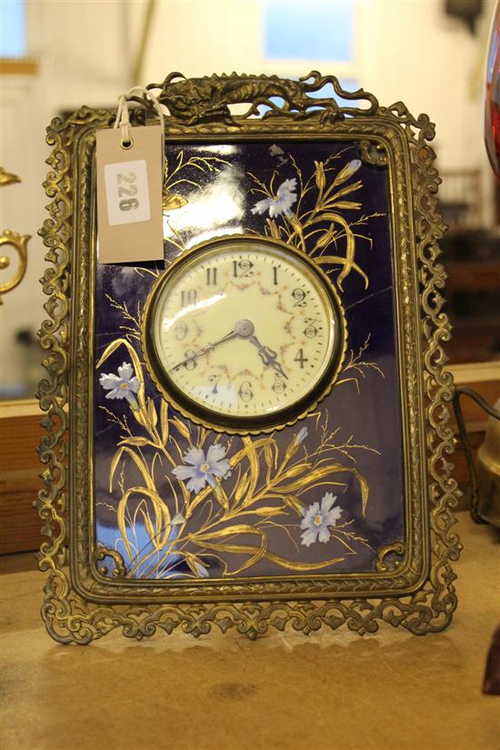 Late 19C Aesthetic Movement chinoiserie easel mantel clock, with blue & gilt surround painted butterfly & flowers